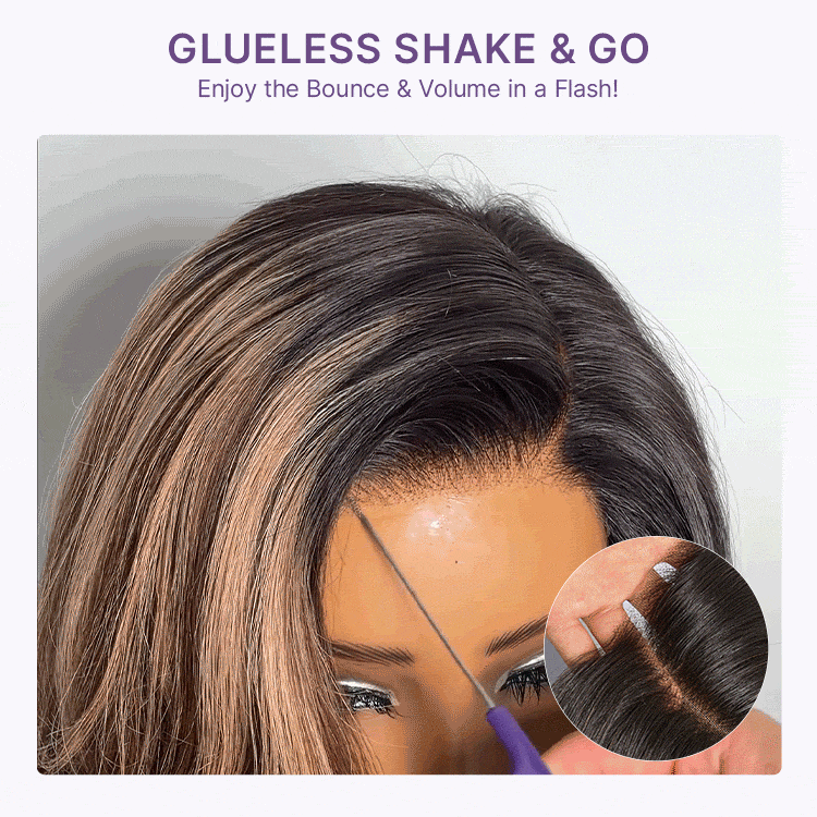 Luvme Hair caramel brown layered wavy lace wig with highlights, glueless HD minimalistic design, pre-cut for easy wear.