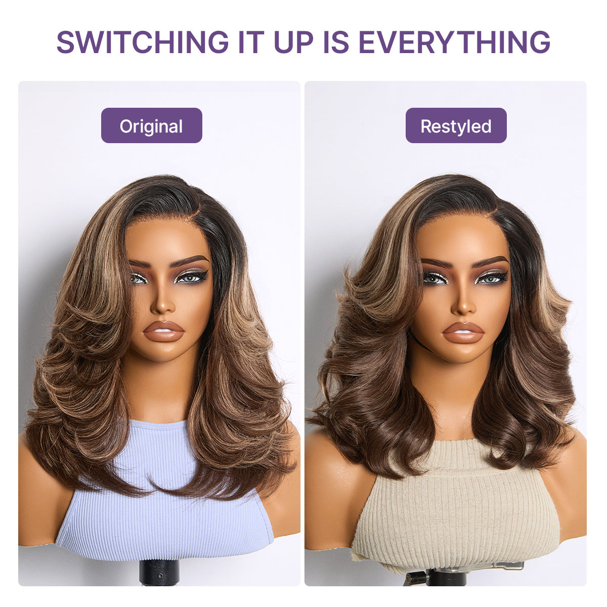 Caramel brown layered wavy lace wig by Luvme Hair, glueless HD minimalistic lace with pre-cut style and natural highlights.