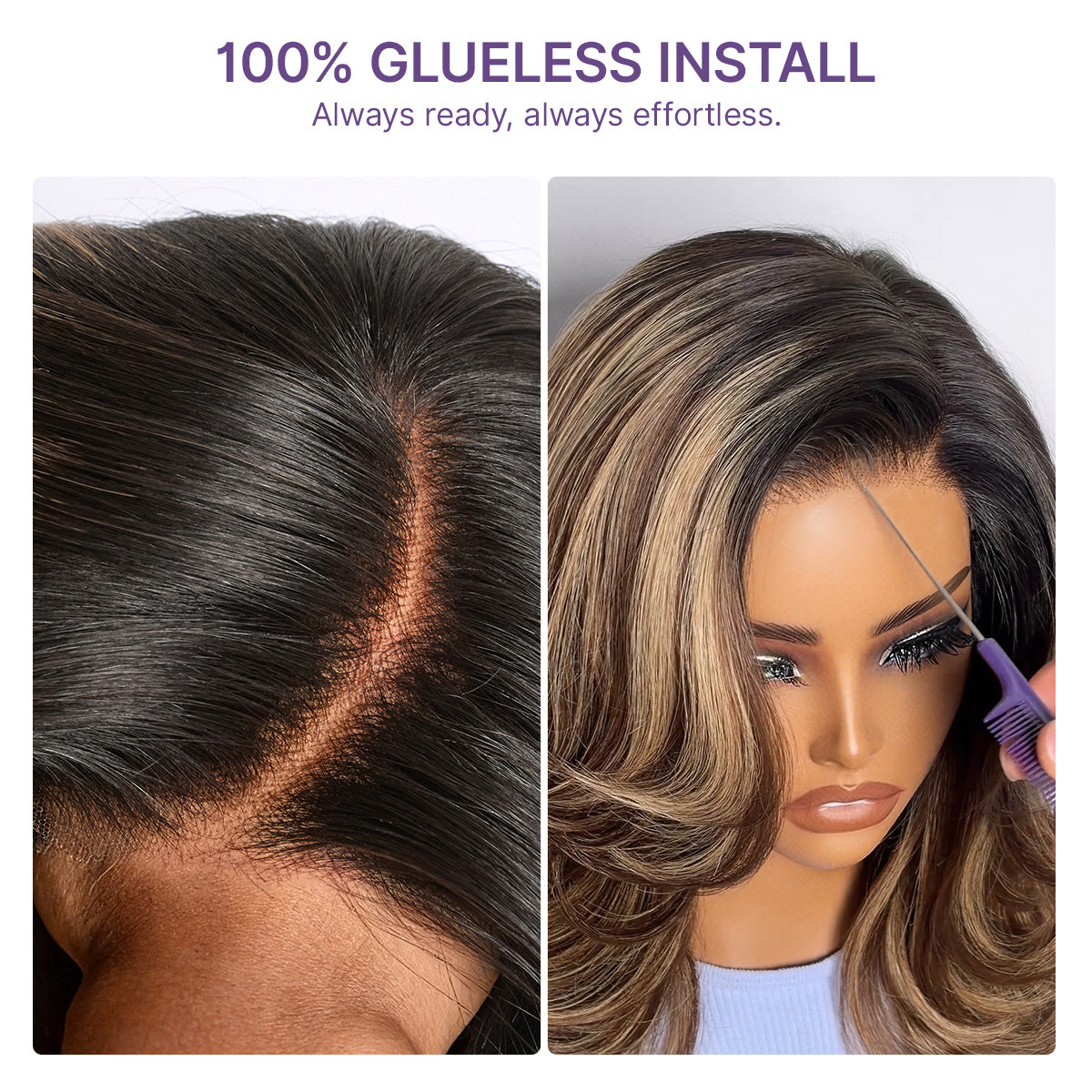 Luvme Hair caramel brown layered wavy lace wig with highlights, glueless HD minimalistic design, pre-cut for easy wear.