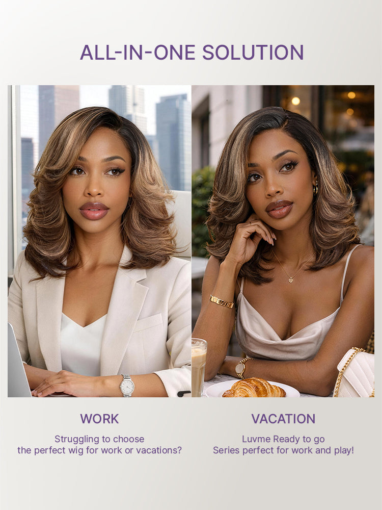 Caramel Brown Highlight Layered Haircut Wavy Glueless HD Minimalist Lace Wig Pre-Cut-15