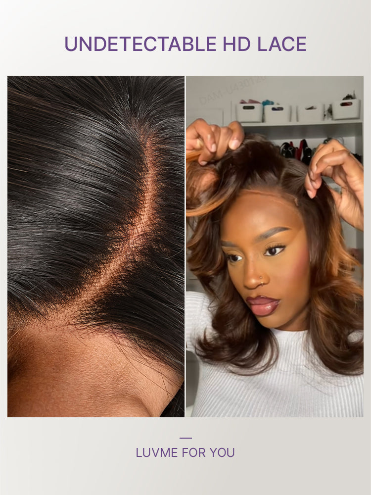 Caramel Brown Highlight Layered Haircut Wavy Glueless HD Minimalist Lace Wig Pre-Cut-16