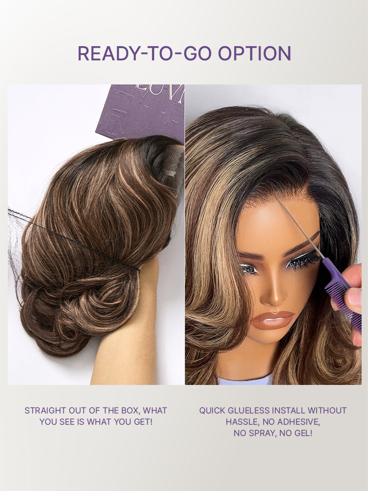Caramel Brown Highlight Layered Haircut Wavy Glueless HD Minimalist Lace Wig Pre-Cut-18