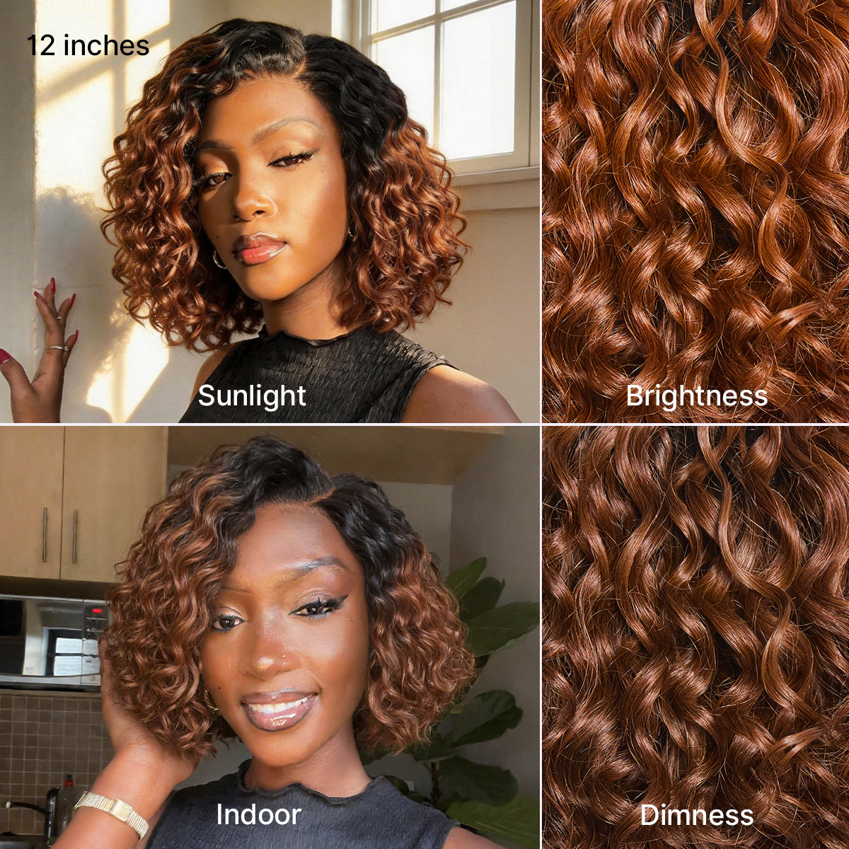 Ready to Go Blonde Highlight / Natural Black / Ombre Brown Water Wave Short Curly Bob Wig Glueless Minimalist HD Lace Wig Pre-Cut Lace-61