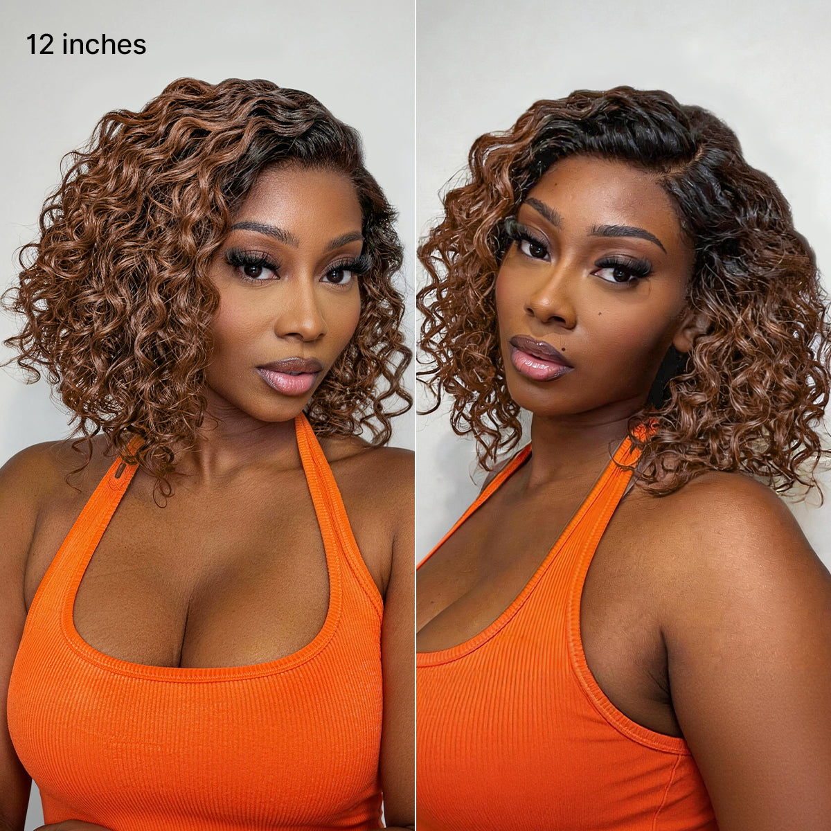 Ready to Go Blonde Highlight / Natural Black / Ombre Brown Water Wave Short Curly Bob Wig Glueless Minimalist HD Lace Wig Pre-Cut Lace-60
