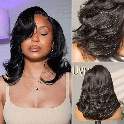 Luvme Hair butterfly cut layered wavy short wig with glueless HD lace, minimalistic and effortlessly chic hairstyle.