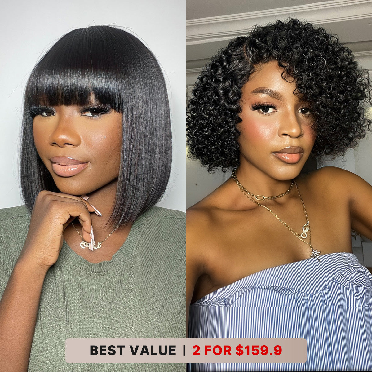 2 For $159.9 | 8 Inches Curly Minimalist Pre Cut HD Lace Wig + 10 Inches Yaki Straight Minimalist Lace Bob Wig-21