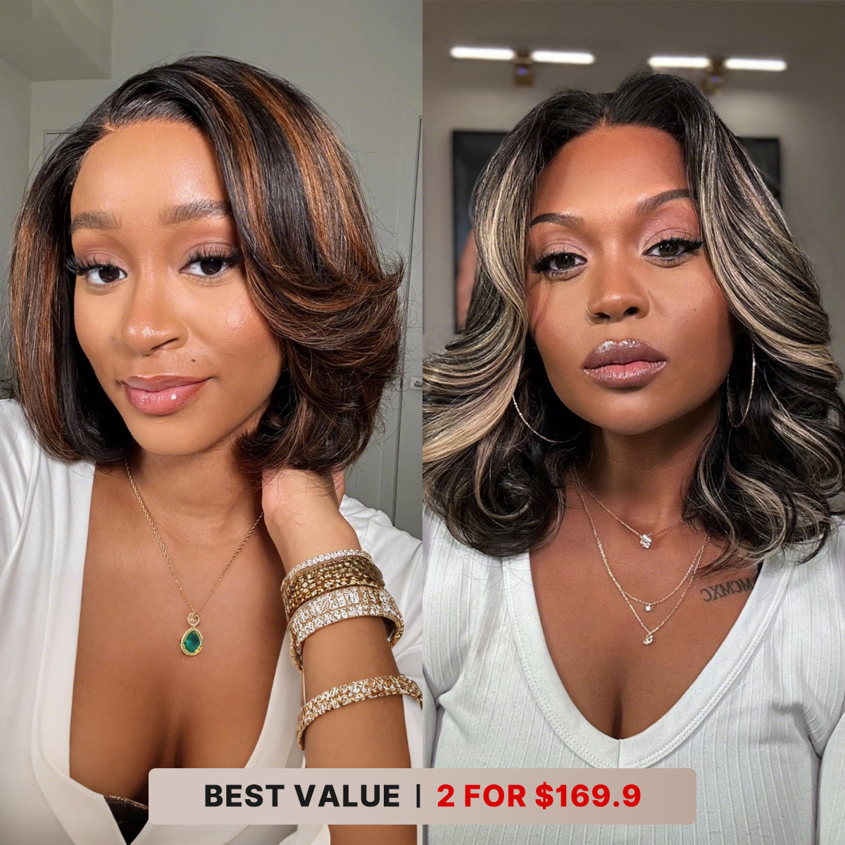 2 For $169.9 | 12 Inches Blonde Highlight Loose Wave Minimalist HD Lace Wig+ 10 Inches Brown Highlight Layered Bob 5x5 Lace Short Wig No Code Needed-06