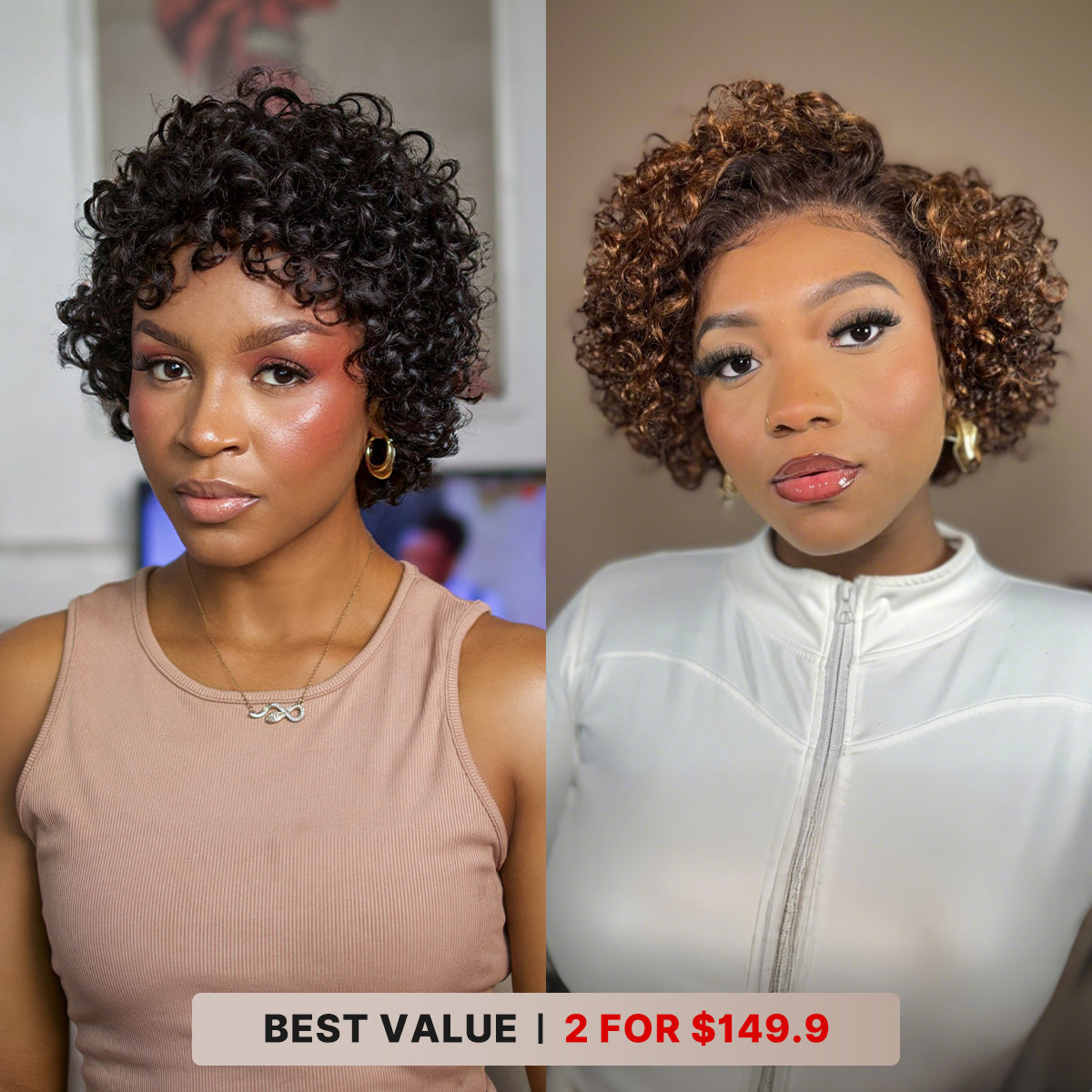 2 For $149.9 | 6 Inches Big Curly Glueless Ultra Comfort Cotton Cap Hair Wig + 10 Inches Brown Highlight Short Cut Wide T Lace Wig No Code Needed-06