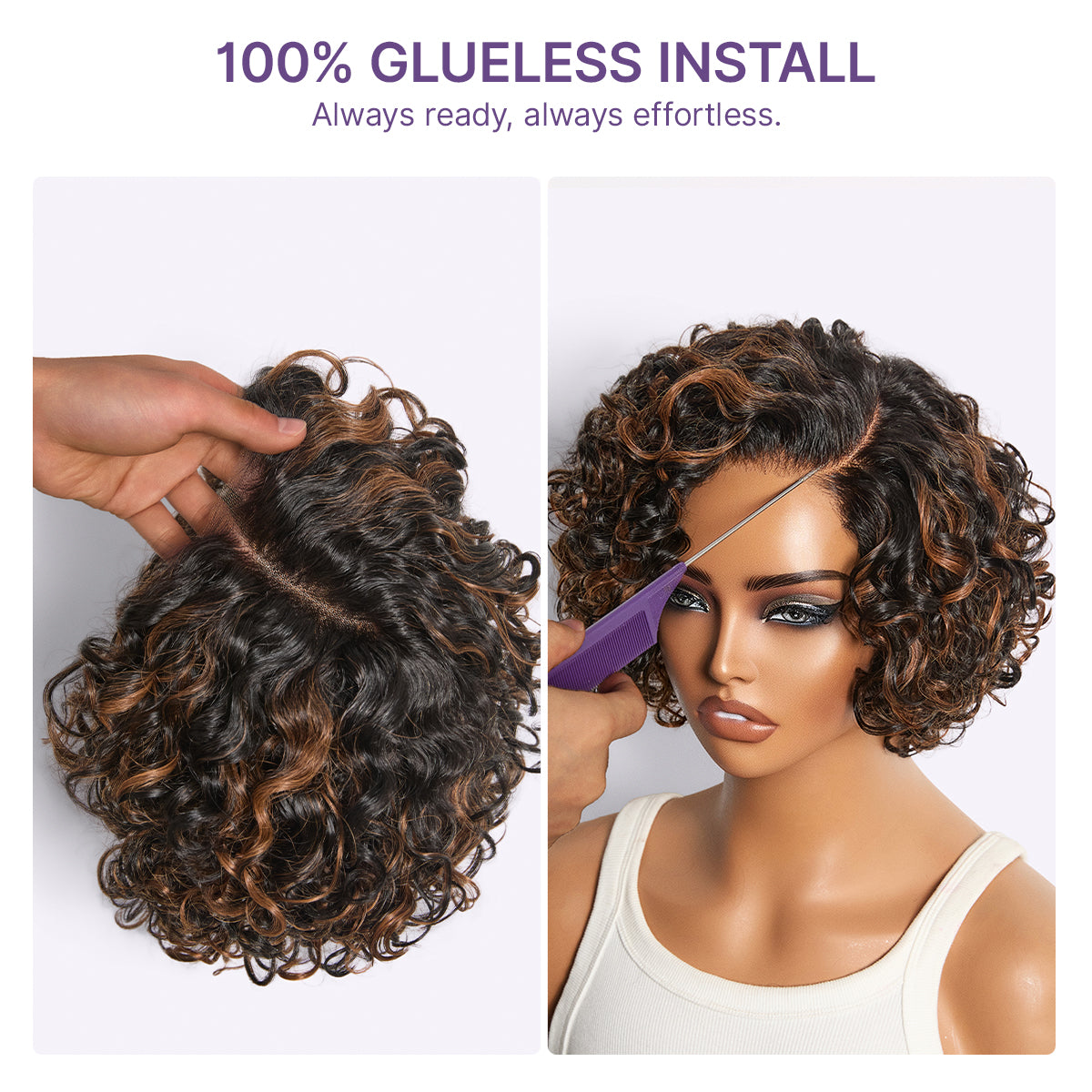 Natural Black / Brown Highlight Water Wave Pixie Cut Glueless Minimalist HD Lace Short Curly Wig-33