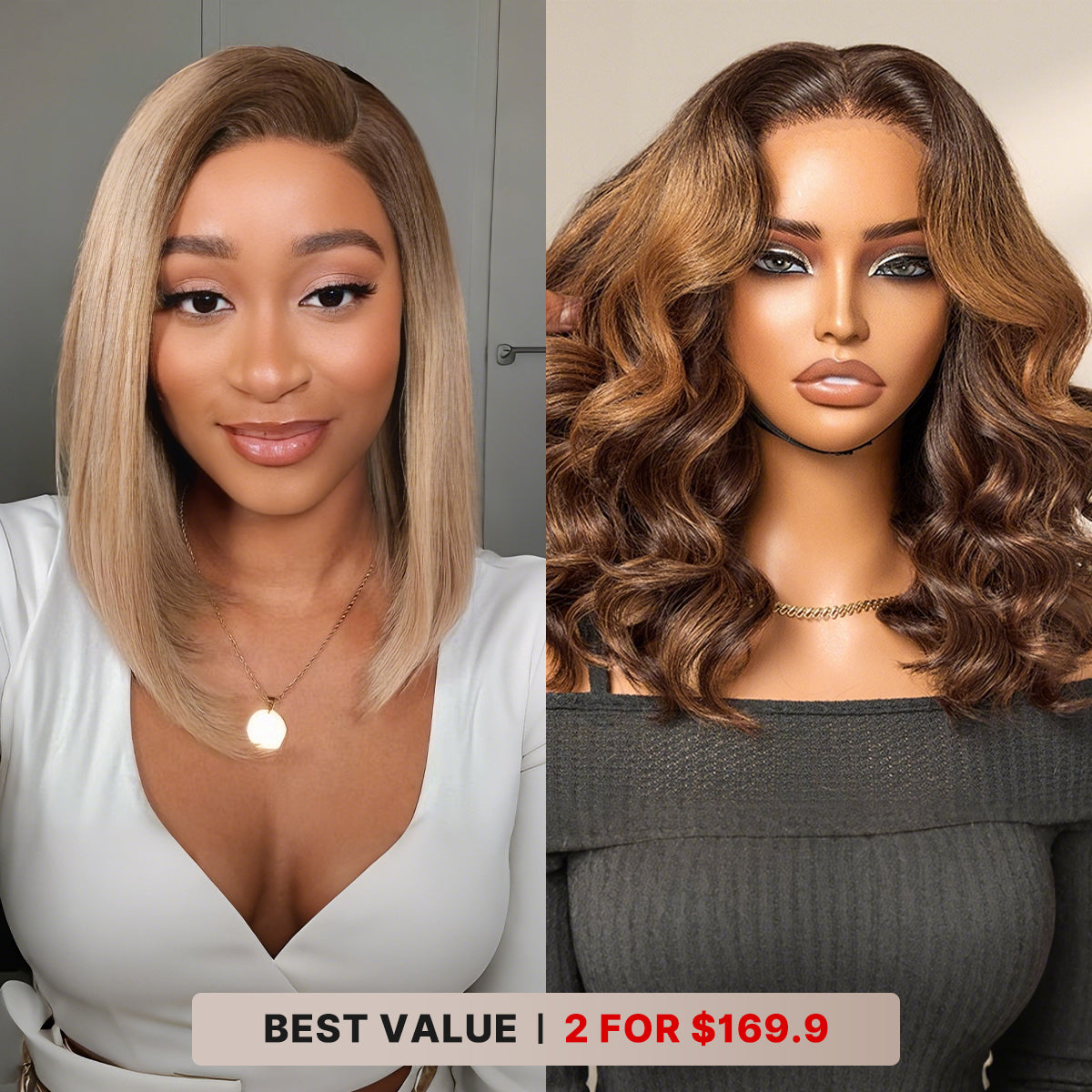 2 For $169.9 | 12 Inches Ash Blonde Ombre Blunt Cut Bob Minimalist HD Lace Wig+ 14 Inches Brown Ombre Loose Wave Minimalist HD Lace Glueless Short Wig No Code Needed-10