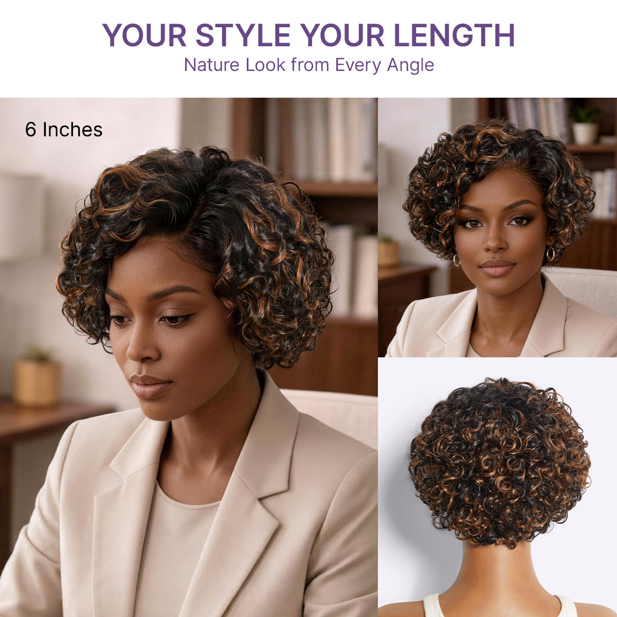Luvme Hair brown highlight water wave pixie cut wig with curly short style, glueless design, HD lace, and minimalist look.