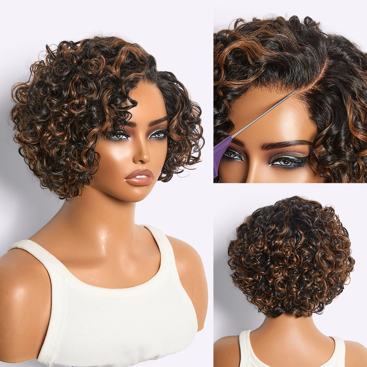 Luvme Hair brown highlight water wave pixie cut wig with short curly style, glueless HD lace, minimalist design.