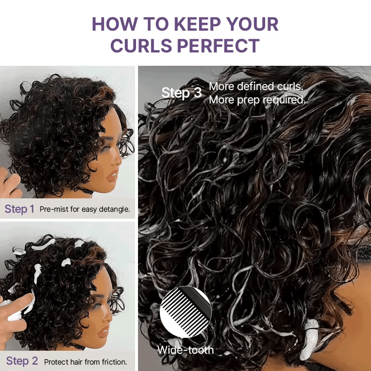 Brown Highlight Water Wave Pixie Cut Glueless Minimalist HD Lace Short Curly Wig-18