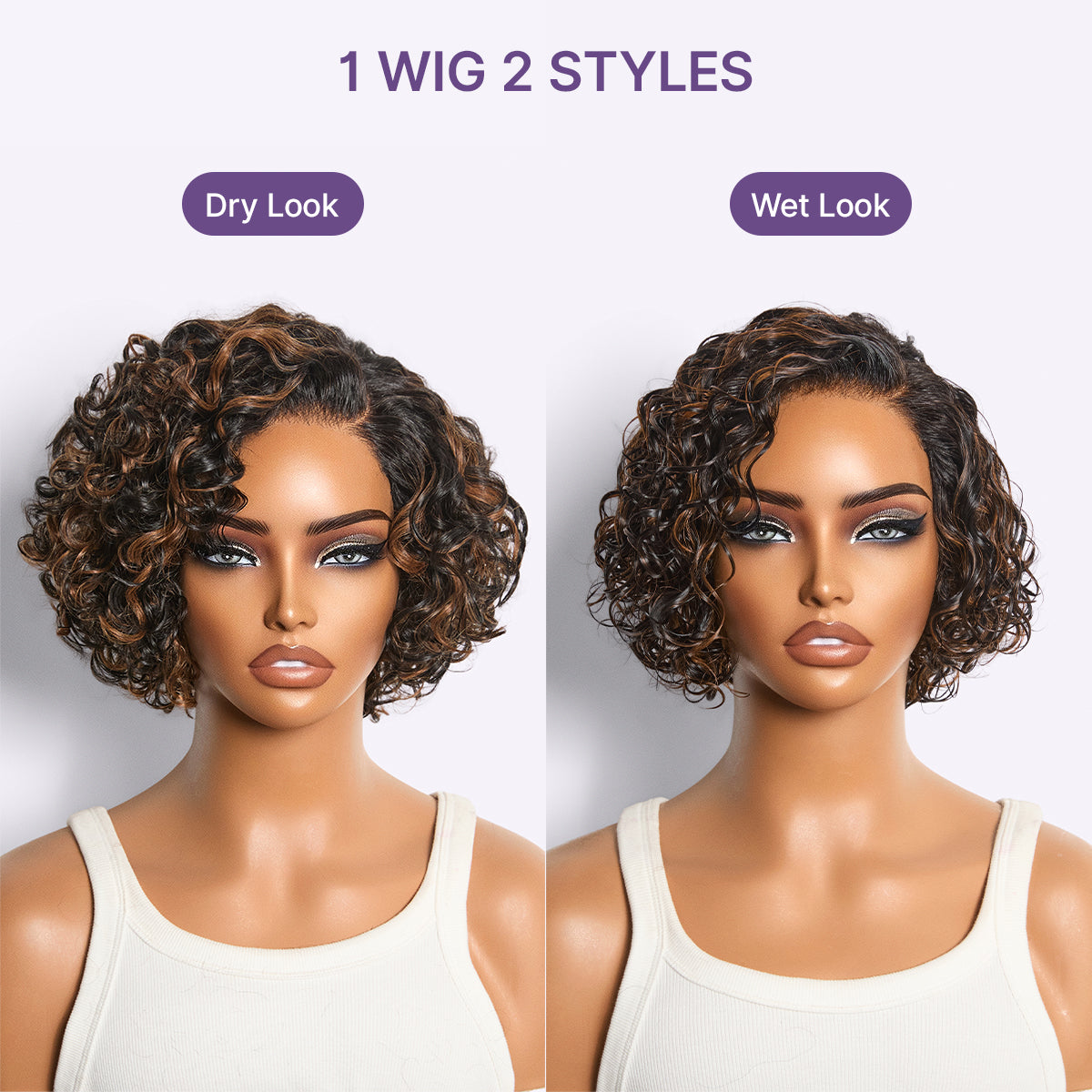 Luvme Hair brown highlight water wave pixie cut wig with curly, minimalist HD lace and glueless short hairstyle.