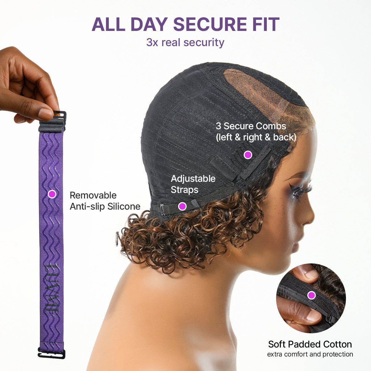 Luvme Hair water wave pixie cut wig with natural black and brown highlights, short curly style, HD lace, glueless, minimalist design