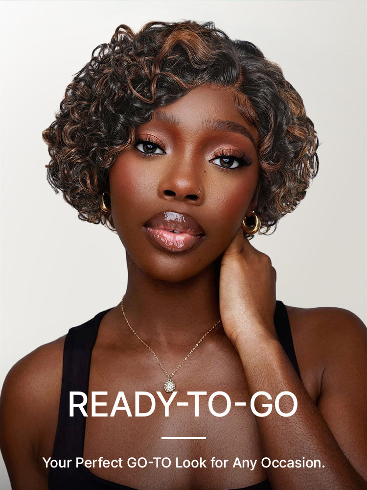 Brown Highlight Water Wave Pixie Cut Glueless Minimalist HD Lace Short Curly Wig-24