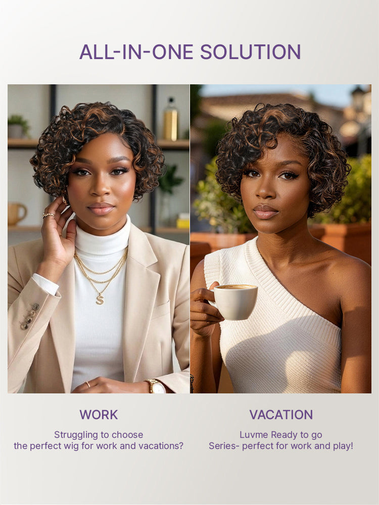 New Customers Only | Brown Highlight Water Wave Pixie Cut Glueless Minimalist HD Lace Short Curly Wig-14