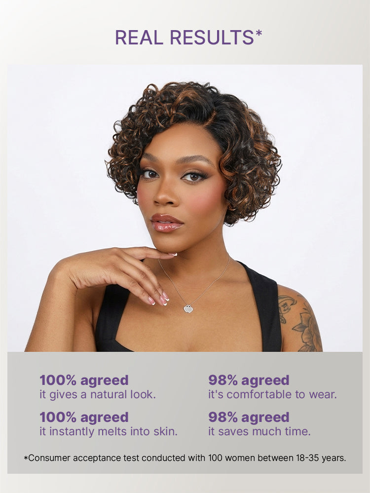 Brown Highlight Water Wave Pixie Cut Glueless Minimalist HD Lace Short Curly Wig-28