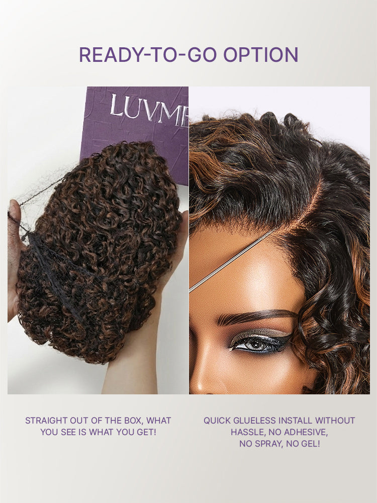New Customers Only | Brown Highlight Water Wave Pixie Cut Glueless Minimalist HD Lace Short Curly Wig-17