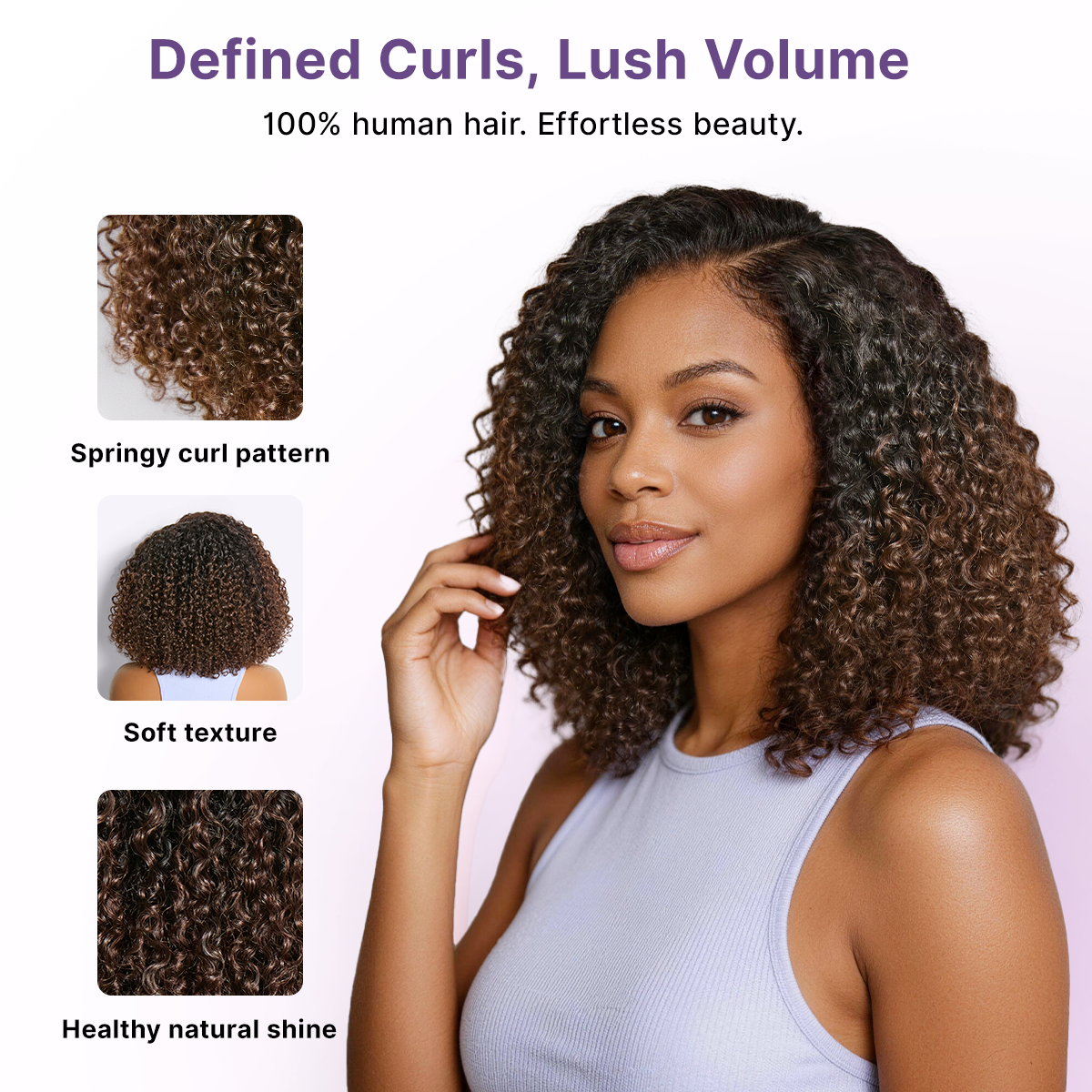 Luvme Hair Wear & Go Ombre Brown Fluffy Curly 5x5 HD lace closure wig with pre-cut lace and 180% density.