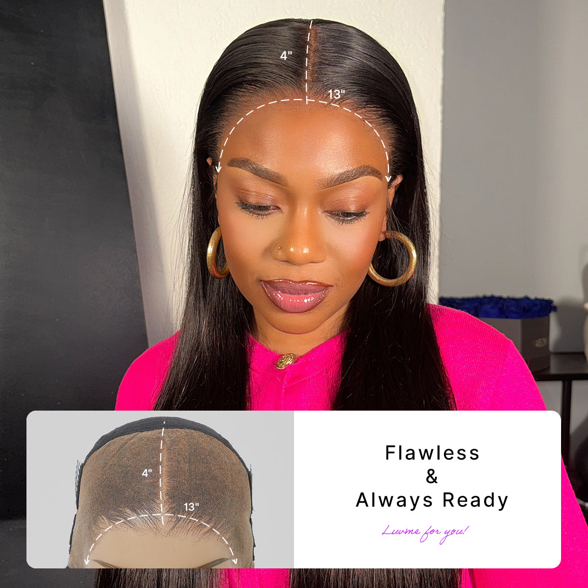 Luvme Hair PreMax glueless 13x4 frontal lace wig with silky straight human hair and natural hairline, pre-cut lace for easy wear.