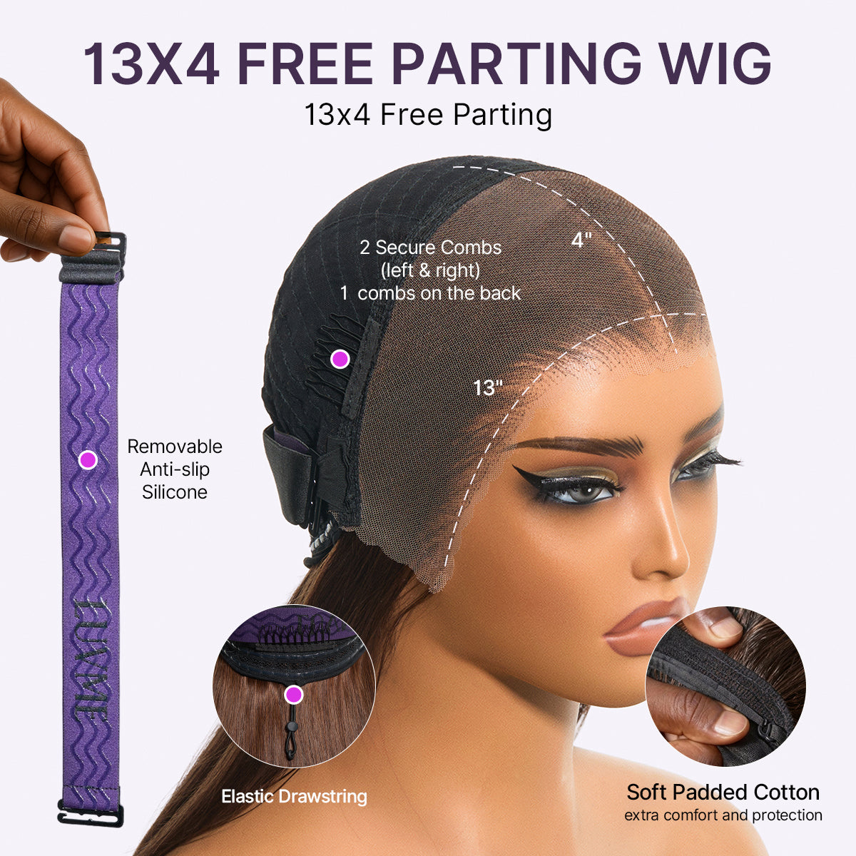 Luvme Hair rich chocolate brown silky straight 13x4 lace frontal wig with pre-cut lace and 180% density, glueless fit.