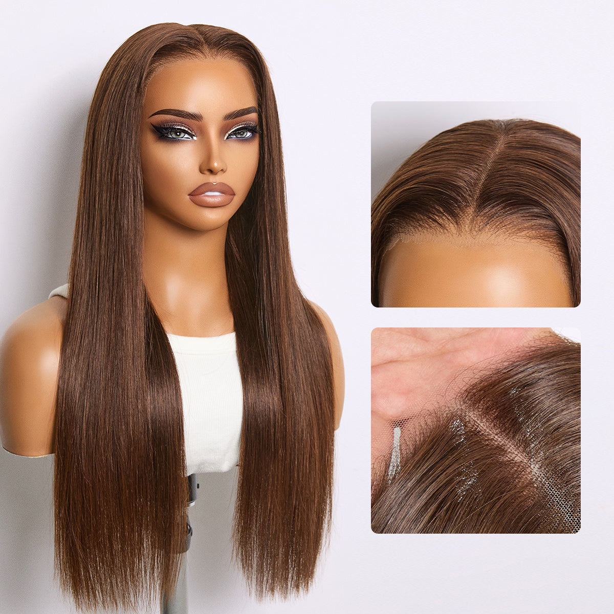 Rich Chocolate Brown Silky Straight 180% Density Glueless 13x4 Lace Frontal Wig Pre-Cut Lace-27