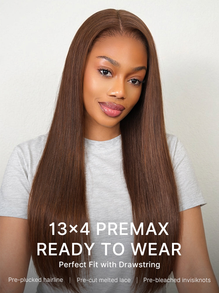 App Only | Rich Chocolate Brown Silky Straight 180% Density Glueless 13x4 Lace Frontal Wig Pre-Cut Lace-17