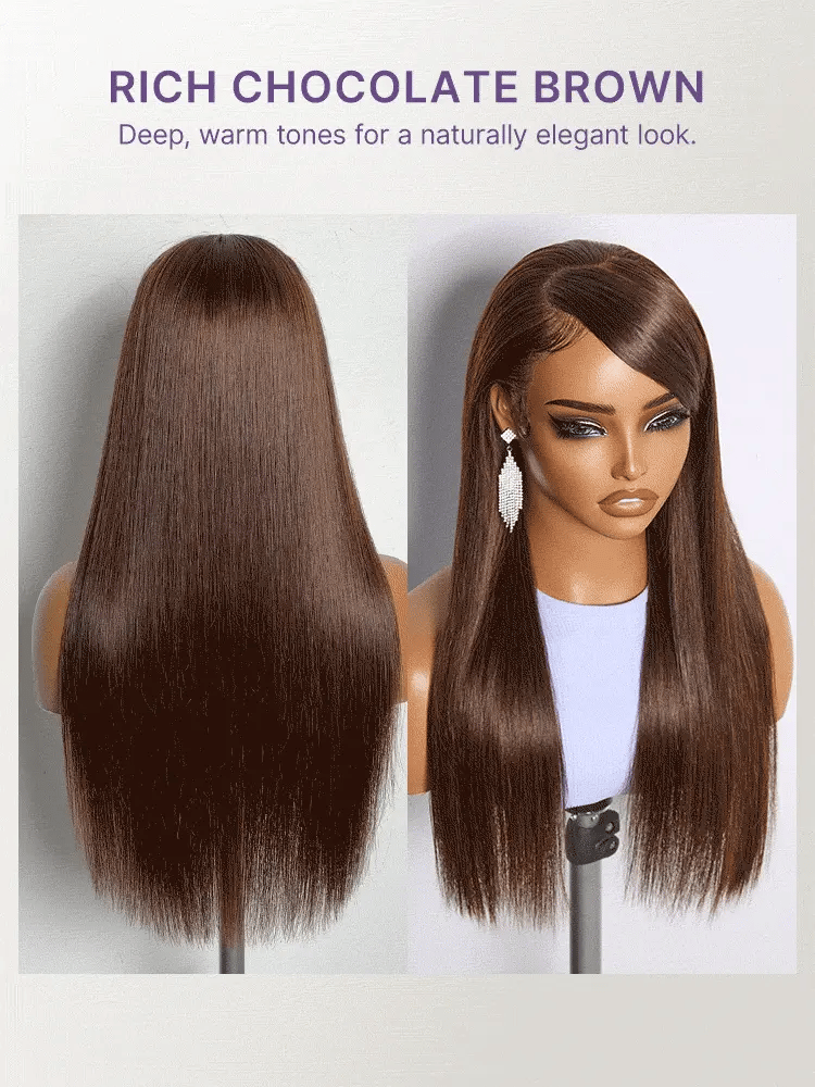 Rich Chocolate Brown Silky Straight 180% Density Glueless 13x4 Lace Frontal Wig Pre-Cut Lace-29