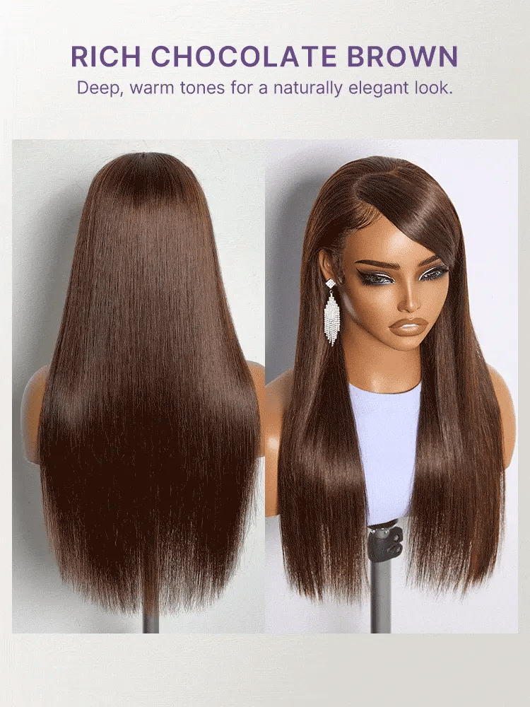 App Only | Rich Chocolate Brown Silky Straight 180% Density Glueless 13x4 Lace Frontal Wig Pre-Cut Lace-18