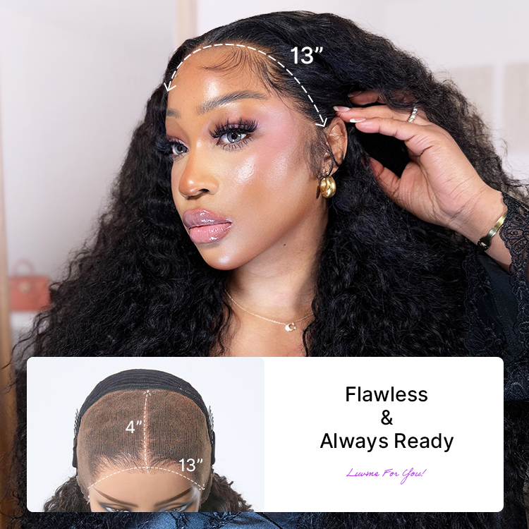 Luvme Hair PreMax 13x4 lace front wig with curly water wave style, glueless, flexible fit, pre-cut lace, and fluffy density.