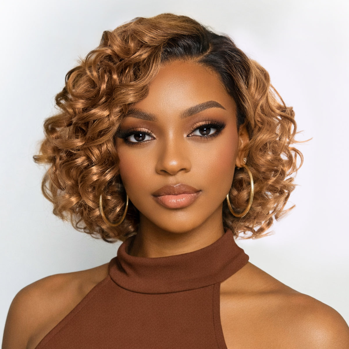 Luvme Hair dark root ombre brown lace wig with bouncy loose waves, glueless, minimalist style, ready-to-wear HD lace wig.
