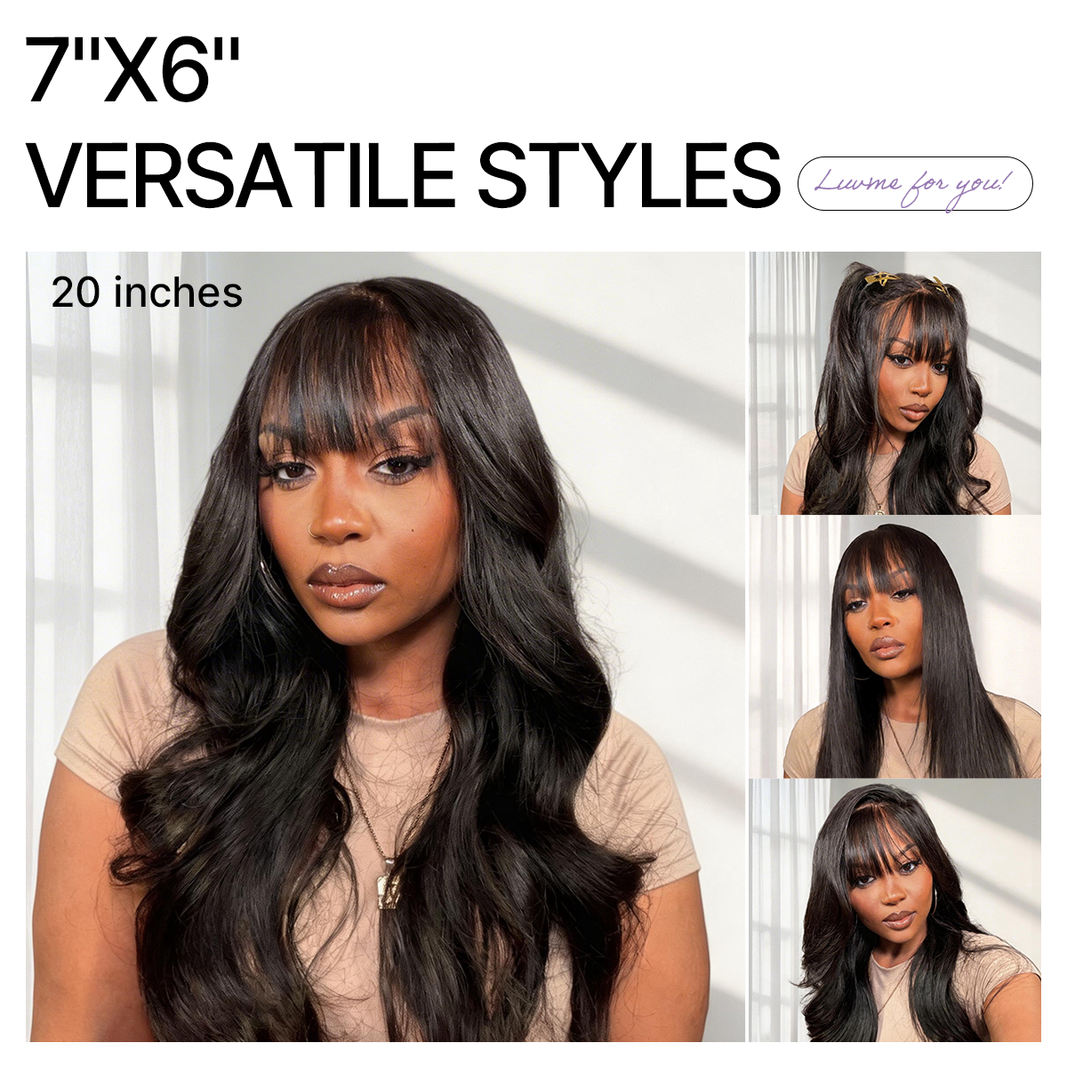 Luvme All-Day Comfort™ Wig 180% Density Loose Body Wave Glueless 7x6 Closure HD Lace Human Hair Wig with Bangs Pre-Cut Lace-68