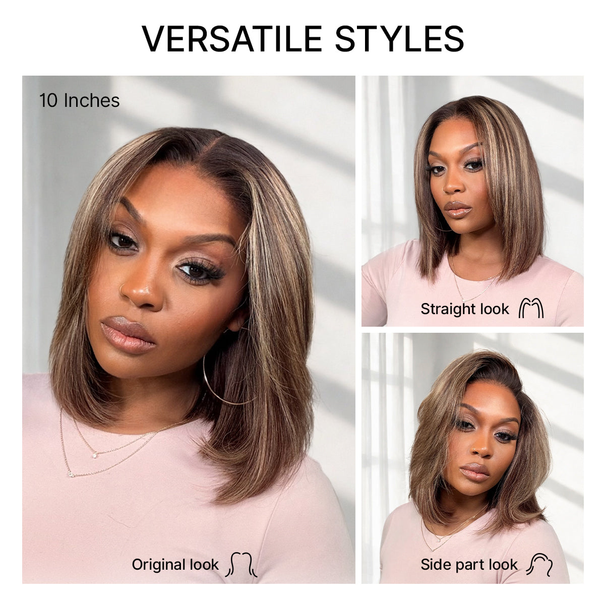 Blonde and brown highlight layered bob wig with glueless 5x5 closure, pre-cut lace, by Luvme Hair, styled for a natural look.