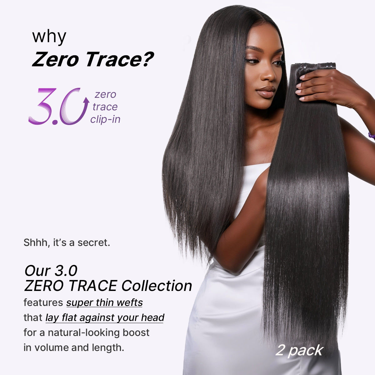 Luvme Hair Silky Straight 0.59mm zero trace invisible clip-in hair extensions in 100g, seamless blend, lightweight for daily styling.