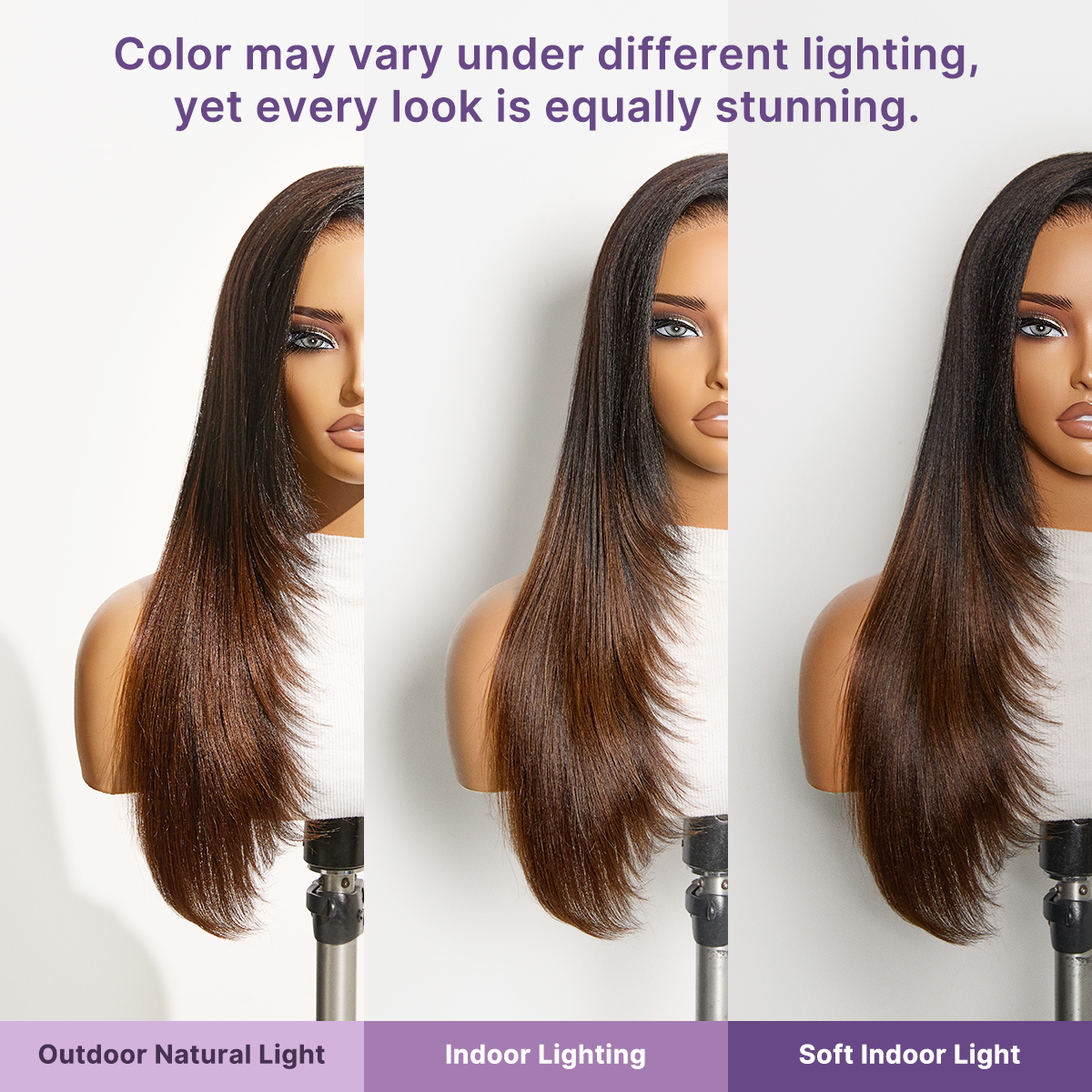 Luvme All-Day Comfort™ wig with 180% density, ombre brown layered light Yaki straight hair, glueless 7x6 HD lace closure.