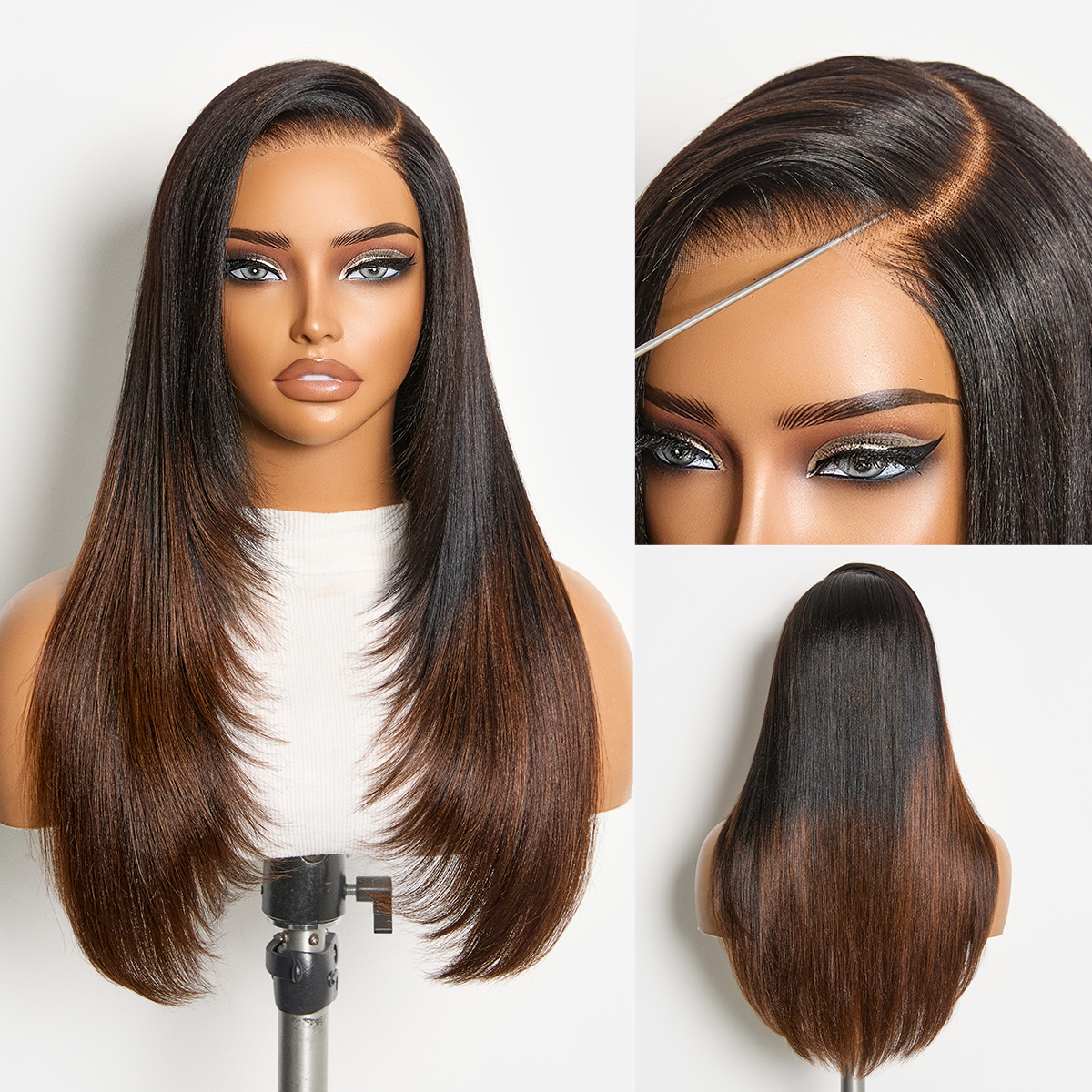 Luvme All-Day Comfort™ wig with ombre brown layered light Yaki straight hair, 7x6 HD lace closure, glueless butterfly cut style