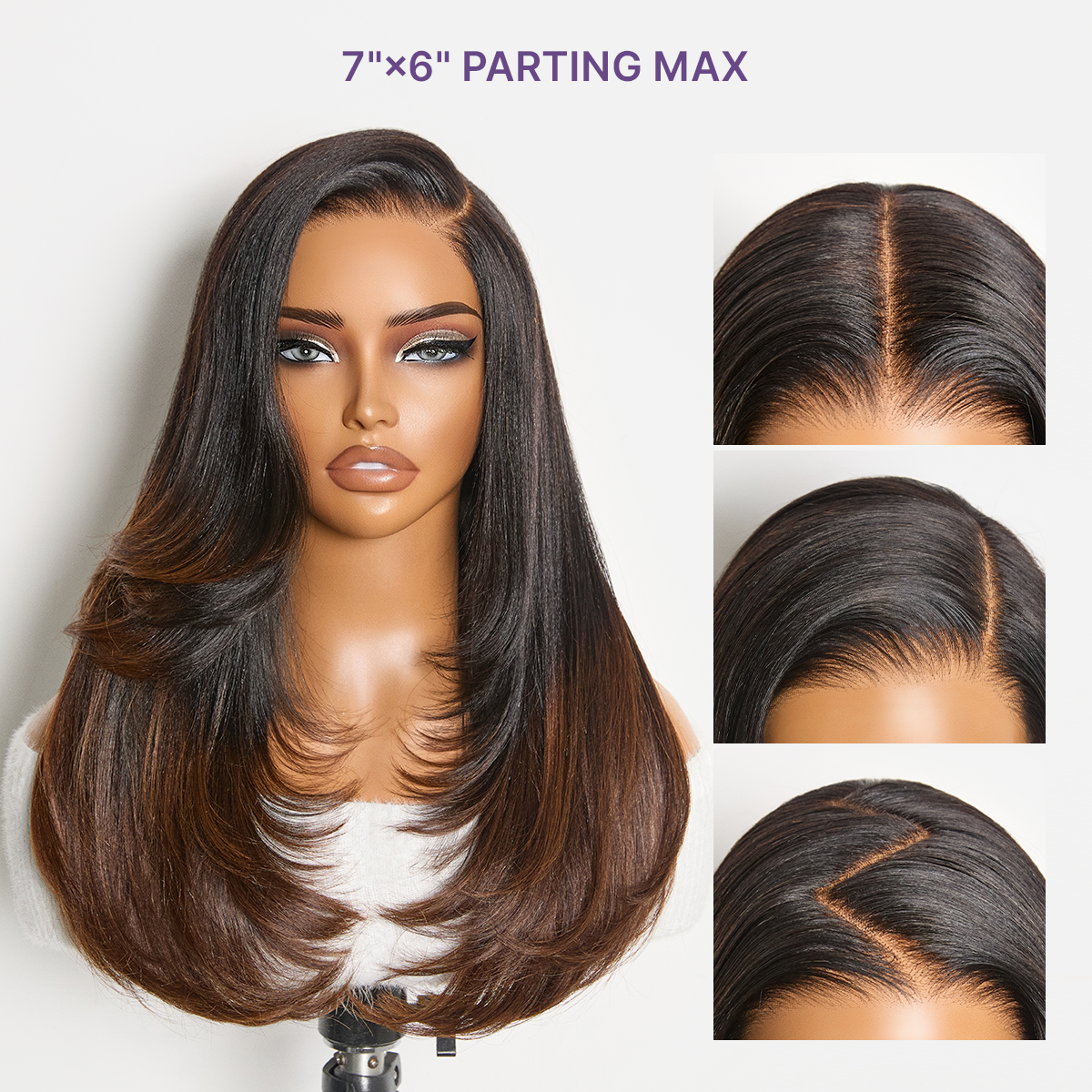 Luvme All-Day Comfort™ Wig 180% Density Ombre Brown Butterfly Cut Layered Light Yaki Straight Glueless 7x6 Closure HD Lace Human Hair Wig Pre-Cut Lace-57