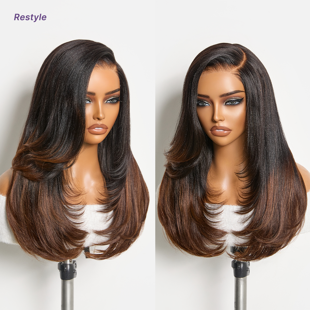 Luvme All-Day Comfort™ ombre brown layered straight human hair wig with butterfly cut, 7x6 HD lace closure, glueless style.