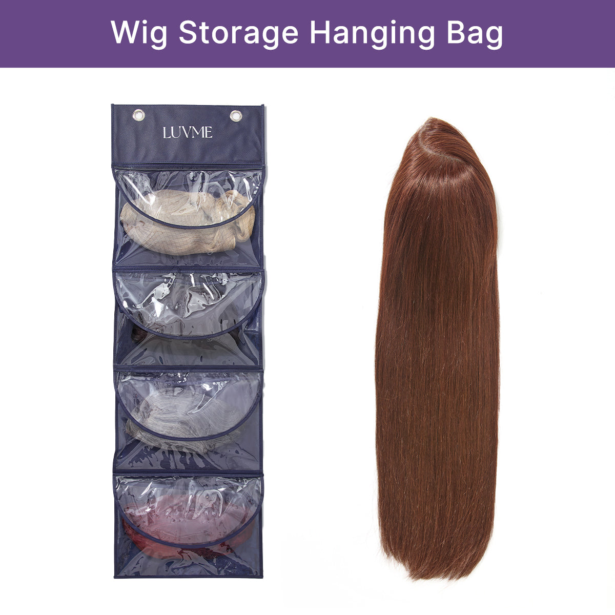 Luvme Hair purple wig storage bags with zipper closure, dust-proof hair extension carriers, set of 1 or 2.
