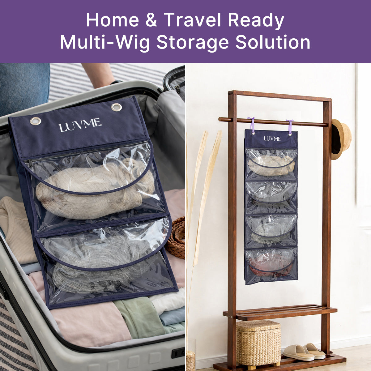 LUVME Hair purple wig storage bag with zipper, dust-proof hair extension carrier, 1 or 2 pack, soft fabric, portable design
