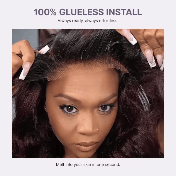 Luvme All-Day Comfort HD Lace Wig with 180% density, dark plum loose body wave, 7x6 closure, pre-cut lace, glueless fit