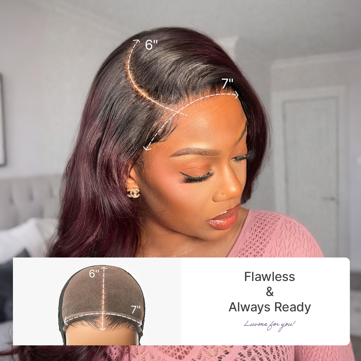 Luvme All-Day Comfort Wig with 180% density, dark plum loose body wave, HD lace, 7x6 closure, pre-cut lace, glueless style