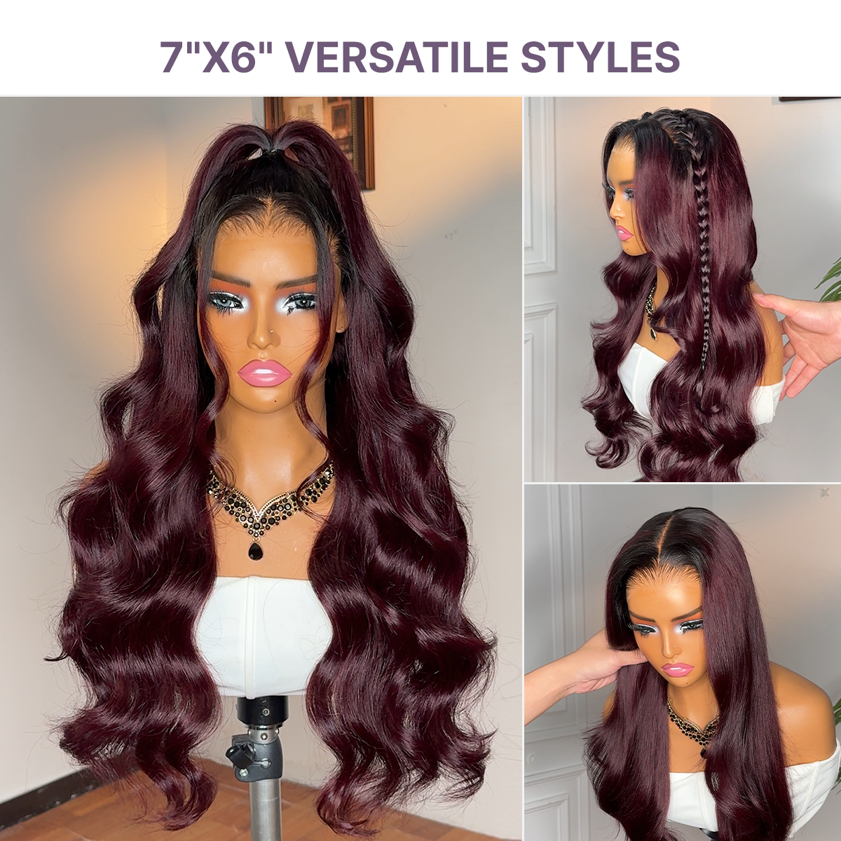 Luvme All-Day Comfort Wig with 180% density, rich dark plum loose body wave, HD lace, and 7x6 glueless closure.