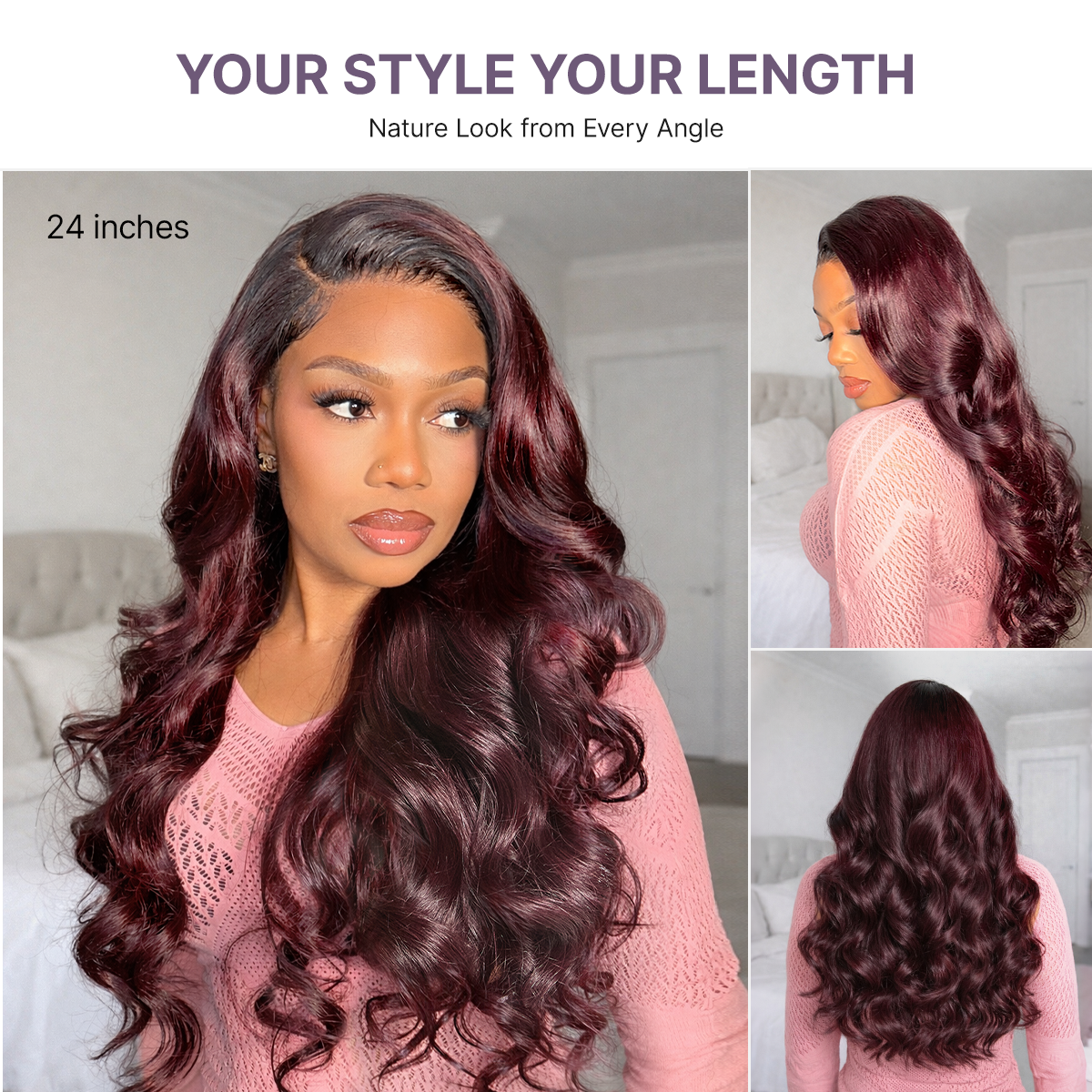 Luvme All-Day Comfort HD lace wig with rich dark plum loose body wave, 180% density, 7x6 closure, pre-cut lace, glueless style.