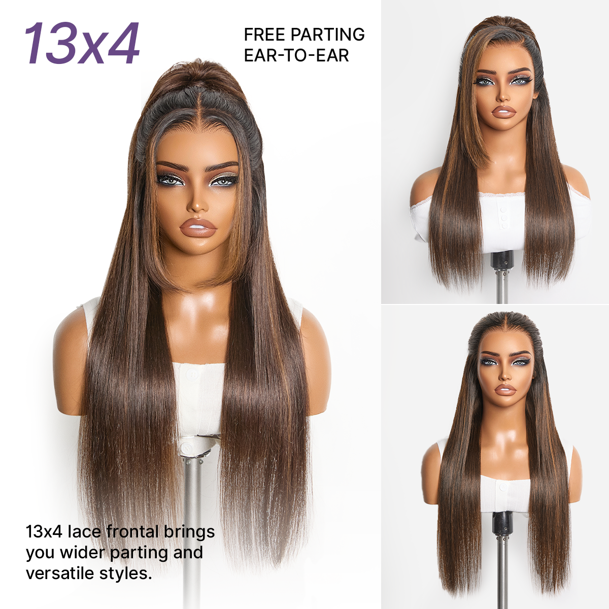 PreMax long wig by Luvme Hair featuring chestnut brown and honey blonde highlights, silky straight 13x4 lace frontal, glueless style