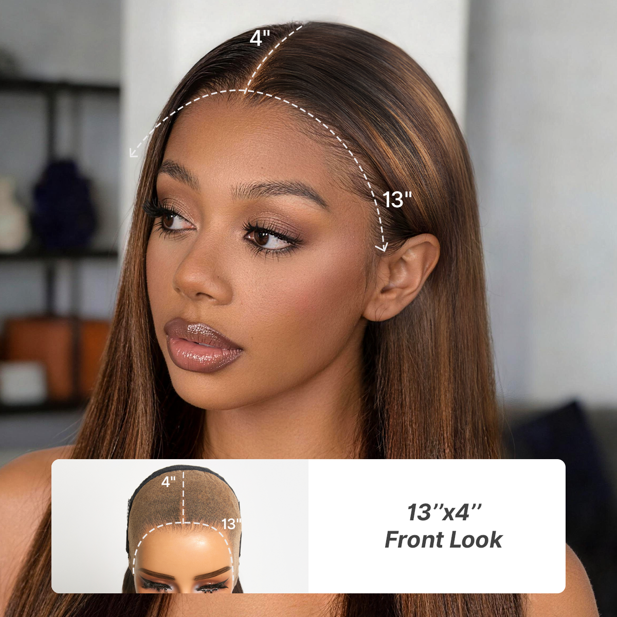 PreMax Wigs chestnut brown long lace wig with honey blonde highlights, silky straight 13x4 frontal, glueless, pre-cut lace by Luvme Hair