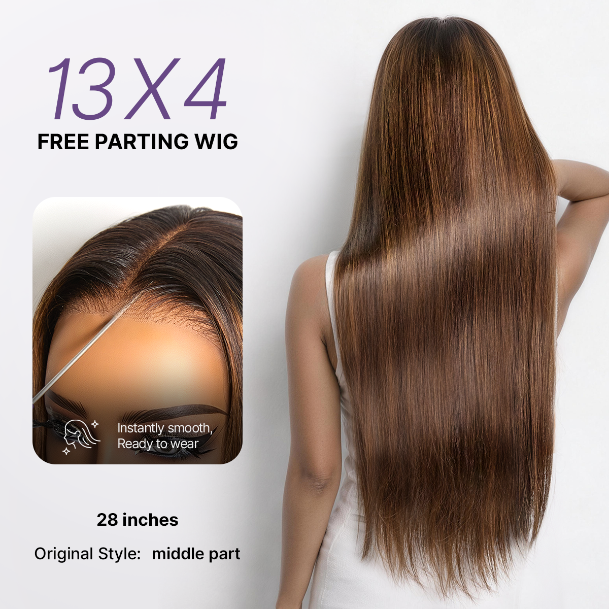 Luvme Hair PreMax long lace wig in chestnut brown with honey blonde highlights, silky straight, 13x4 frontal, glueless, pre-cut lace