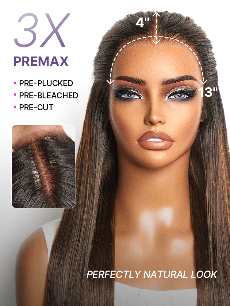 PreMax Wigs - Chestnut Brown with Honey Blonde Highlights Silky Straight 13x4 Frontal Lace Glueless Long Wig Pre-Cut Lace-11