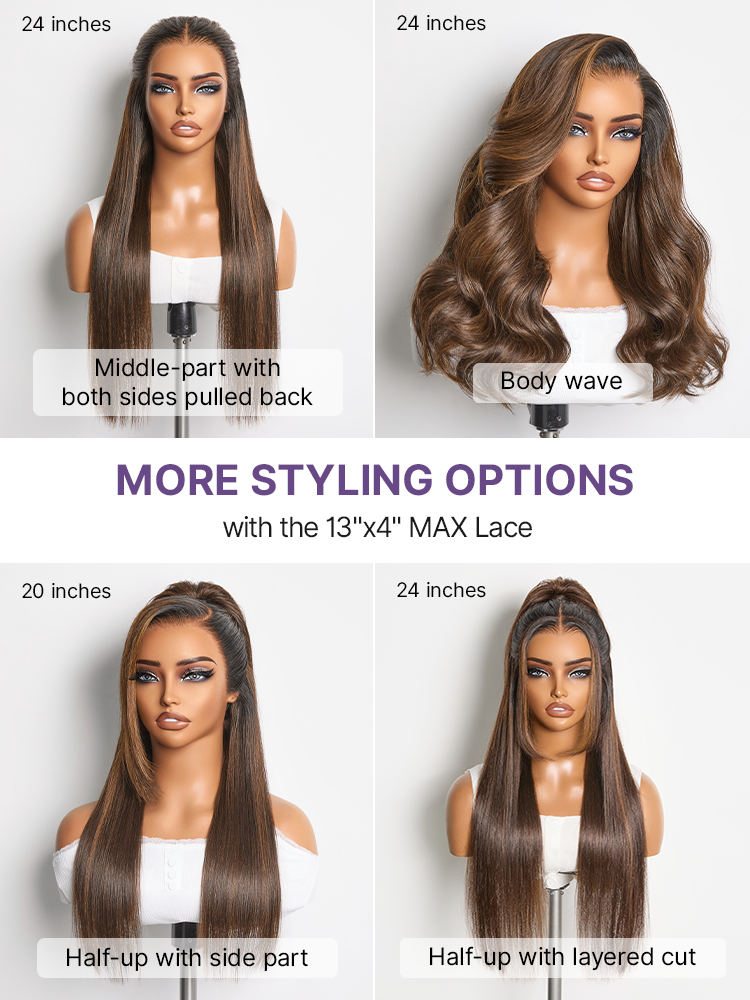 PreMax Wigs - Chestnut Brown with Honey Blonde Highlights Silky Straight 13x4 Frontal Lace Glueless Long Wig Pre-Cut Lace-14